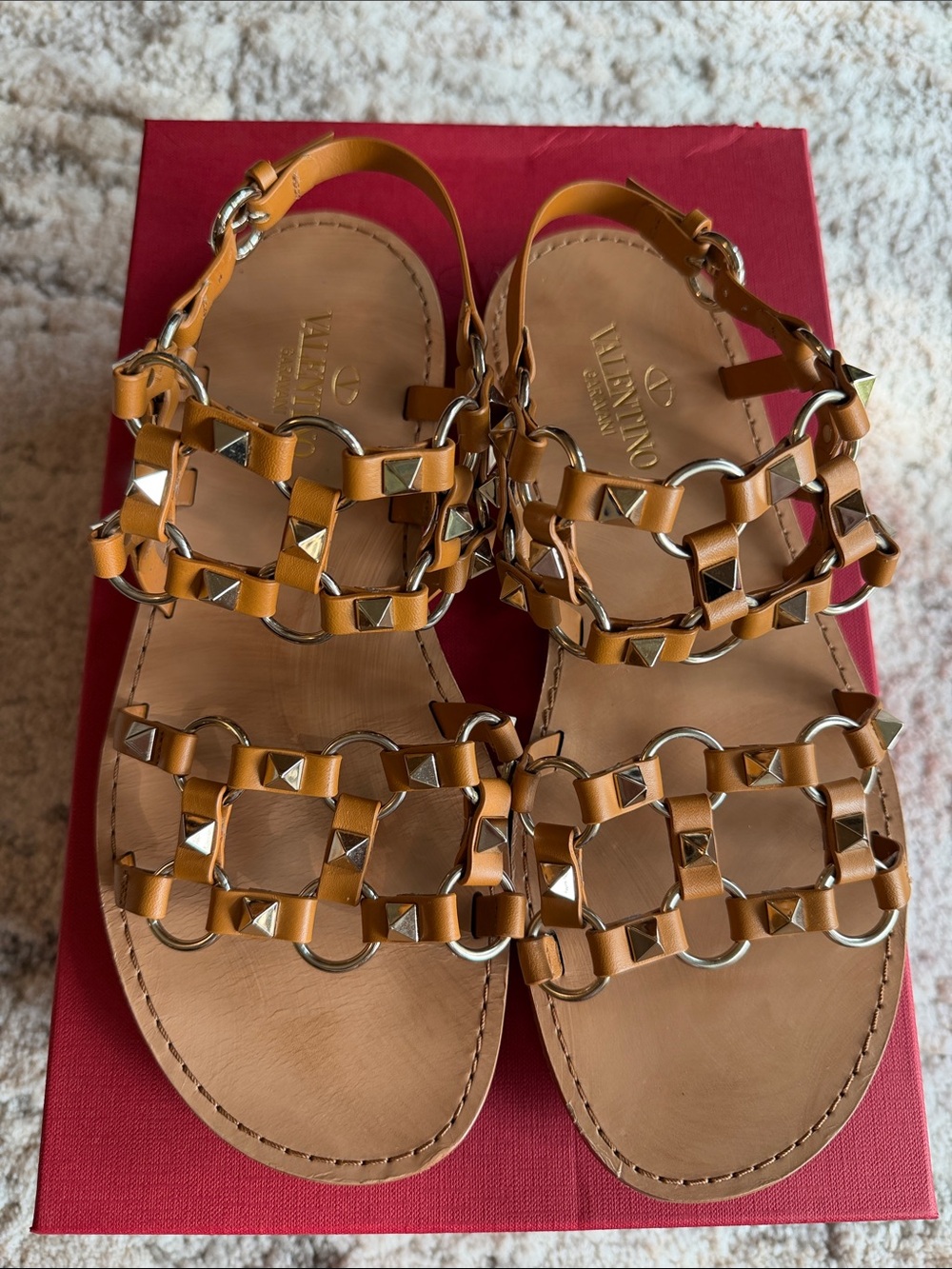 Valentino Cognac Leather Rockstud Cage Sandals. Size 36.5